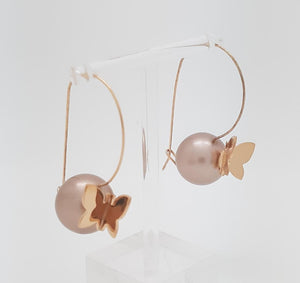 Large Ball Earrings in White Pearl with Gold Butterfly