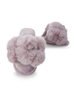 Luxe Pom Pom Open Toe Slippers in Lavender
