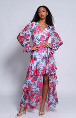Load image into Gallery viewer, Bardot Wrap Dress in Icy Overgrown Garden Floral
