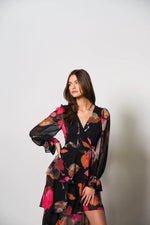 Load image into Gallery viewer, Bardot Wrap Dress in Black Romantic Watercolor
