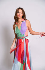 Load image into Gallery viewer, Vela Wrap Dress in Multi Overlap Leaves

