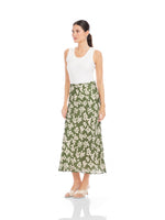 Load image into Gallery viewer, Eva Bias Ankle Skirt in Green/Off White Monotone Flowers Print