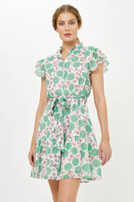 Load image into Gallery viewer, Ruffle Collar Button Mini Dress in Monarch Green