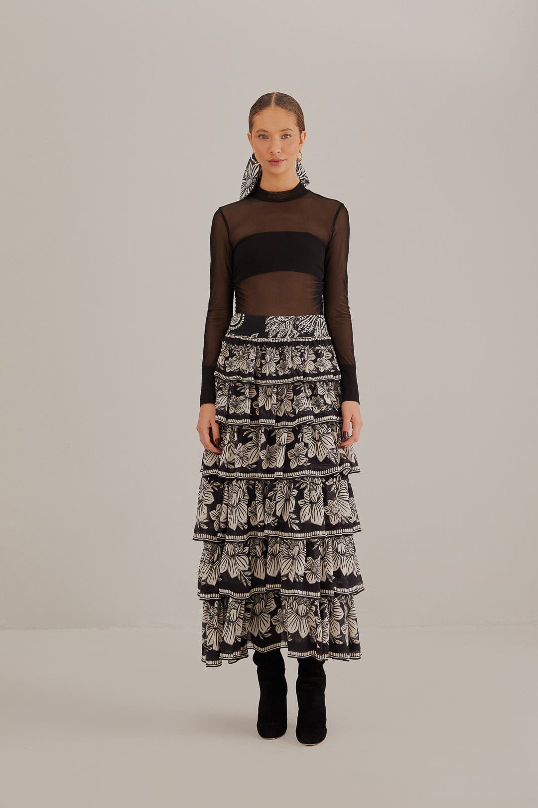Black Paisley Bloom Tiered Skirt in Black/Cream