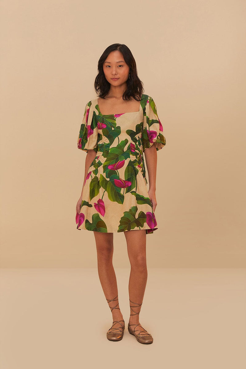 Anthurium Leaves Short Sleeve Square Neck Dress in Sand