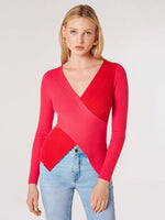Load image into Gallery viewer, Ribbed Faux Wrap Sweater in Fuchsia Combo
