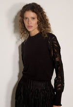 Load image into Gallery viewer, Ruffle Neck Crochet Sleeve Sweater in Black