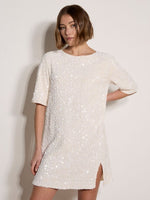 Load image into Gallery viewer, Sequin Bow Back Shift Dress in White