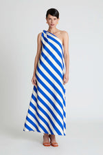 Load image into Gallery viewer, One Shoulder Maxi Dress in Blue and White Stripe