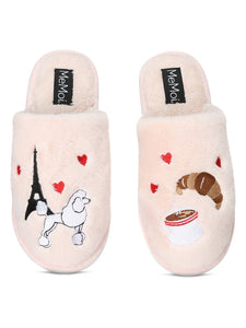 I Love Paris Plush Slippers in Pale Blush