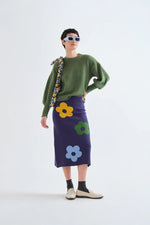 Load image into Gallery viewer, Flower Knit Midi Skirt in Navy