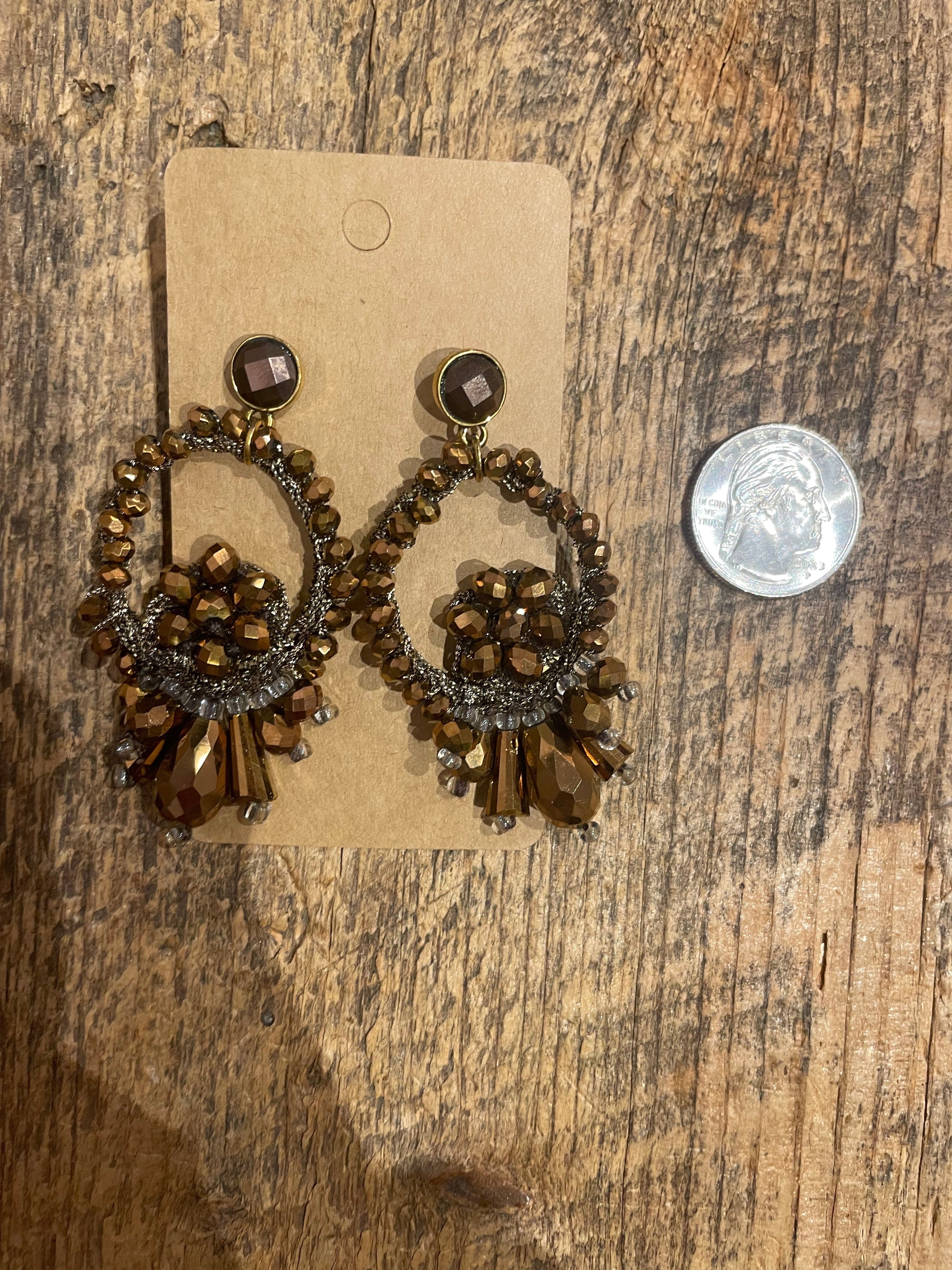 Floral Beaded Dangle Earrings in Brown