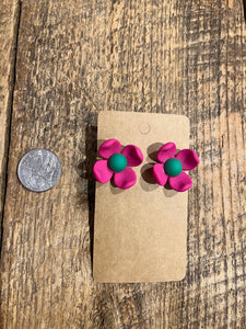Clay Floral Stud Earrings in Pink and Green