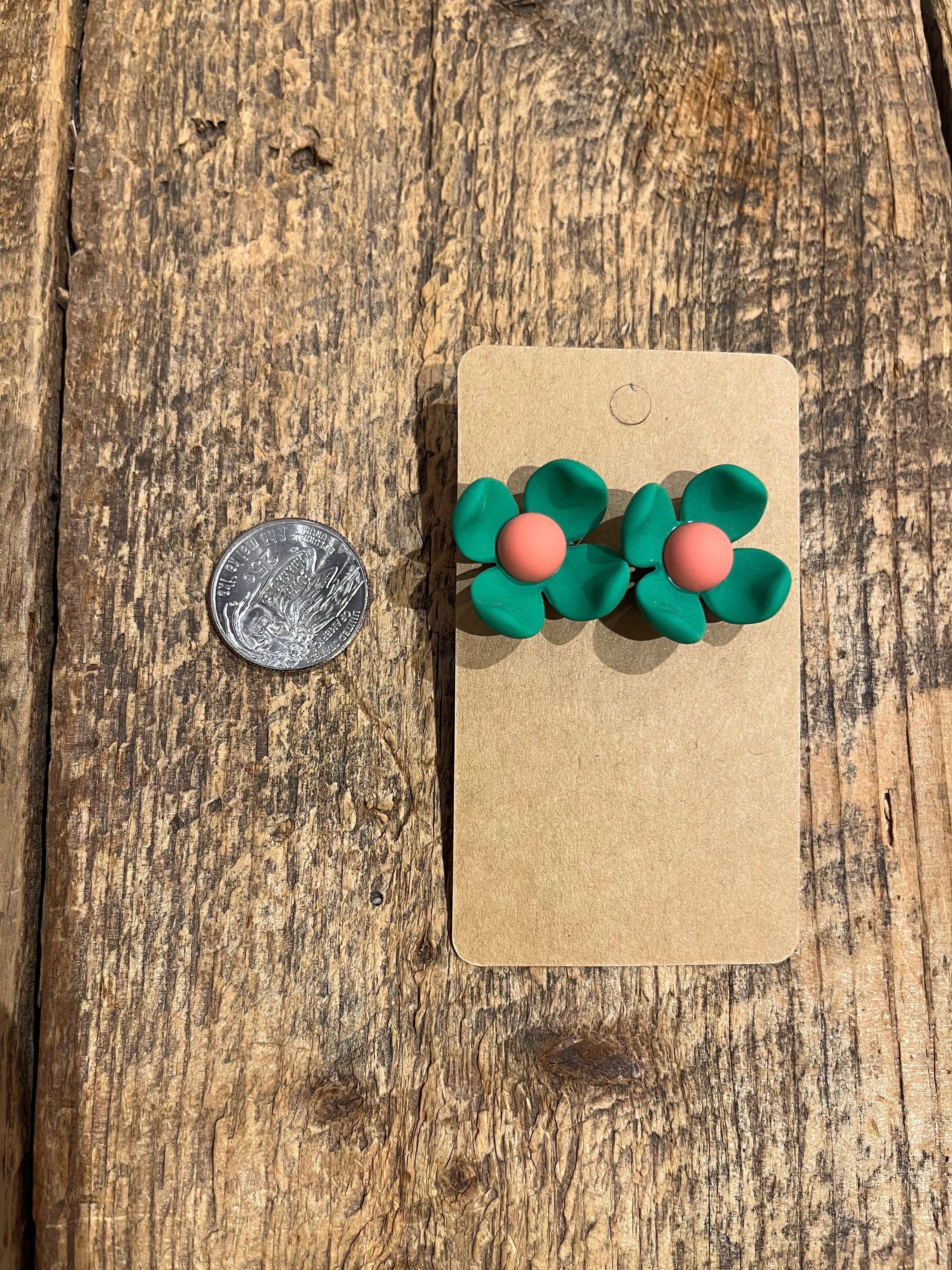 Clay Floral Stud Earrings in Green and Peach