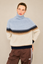 Load image into Gallery viewer, Block Fairisle Tweed Roll Collar Sweater in Heather Blue Combo