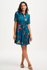 Load image into Gallery viewer, Dessie Shirt Dress in Teal Rainbow Parrots
