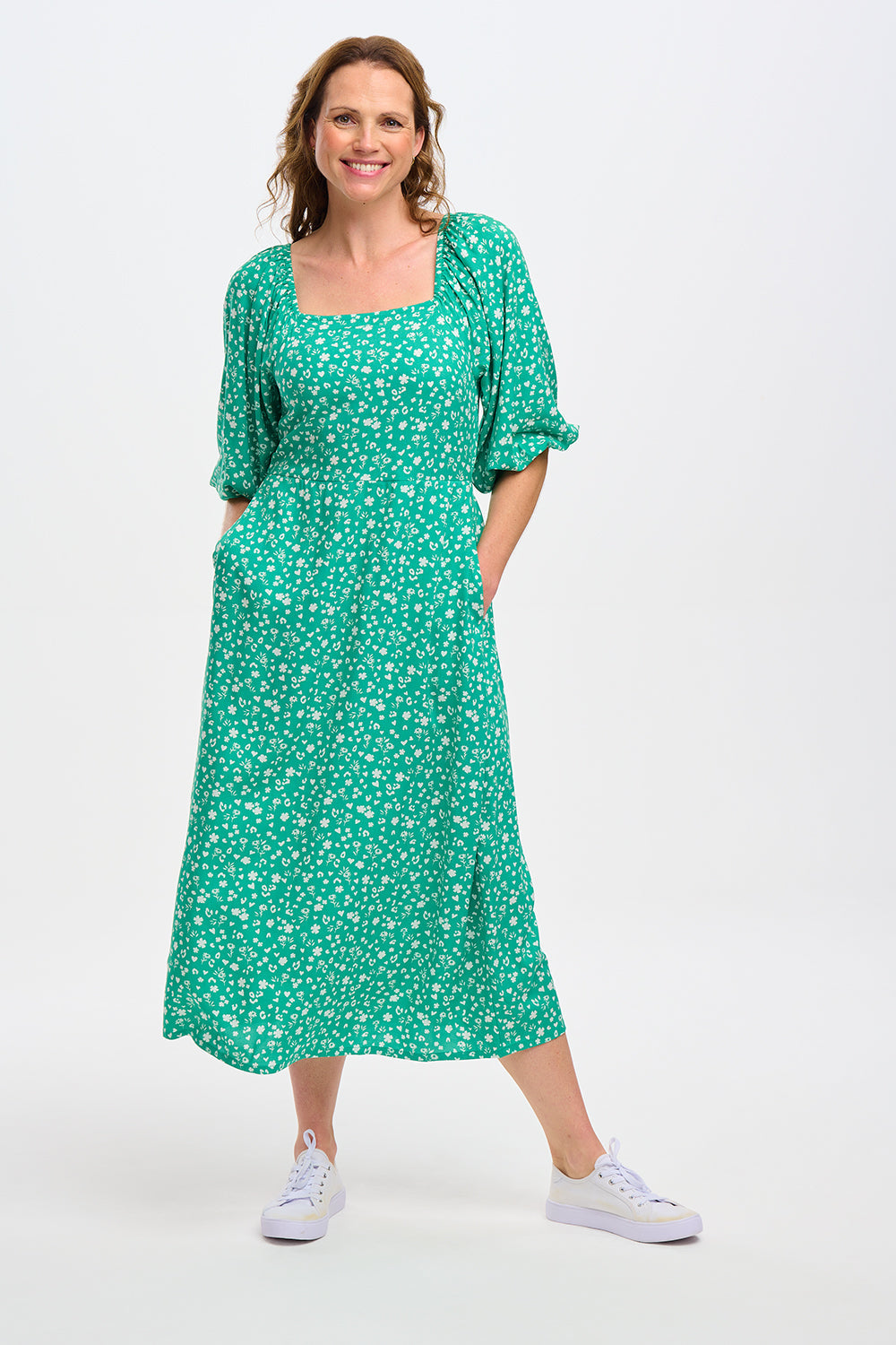 Catherine Shirred Midi Dress in Green Scatter Print