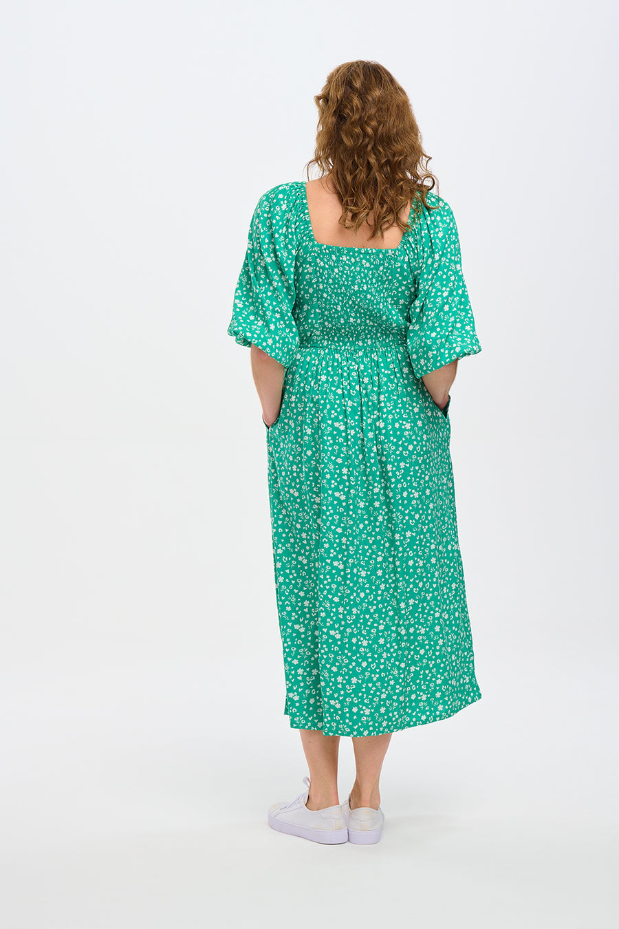 Catherine Shirred Midi Dress in Green Scatter Print