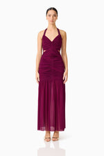 Load image into Gallery viewer, Elena Halter Neck Gown in Plum Red