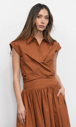 Load image into Gallery viewer, Eloise Wrap Front Extended Shoulder Poplin Top in Camel