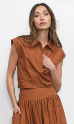 Load image into Gallery viewer, Eloise Wrap Front Extended Shoulder Poplin Top in Camel