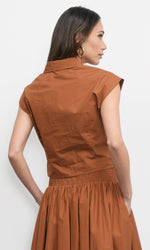 Load image into Gallery viewer, Eloise Wrap Front Extended Shoulder Poplin Top in Camel