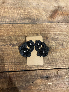 Sequin Flower and Bead Earrings in Black