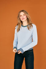 Load image into Gallery viewer, Lurex Trim Crew Cashmere Sweater in Arctic Blue/Multi