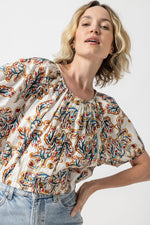Load image into Gallery viewer, Elastic Hem Button Front Top in Spring Watercolor
