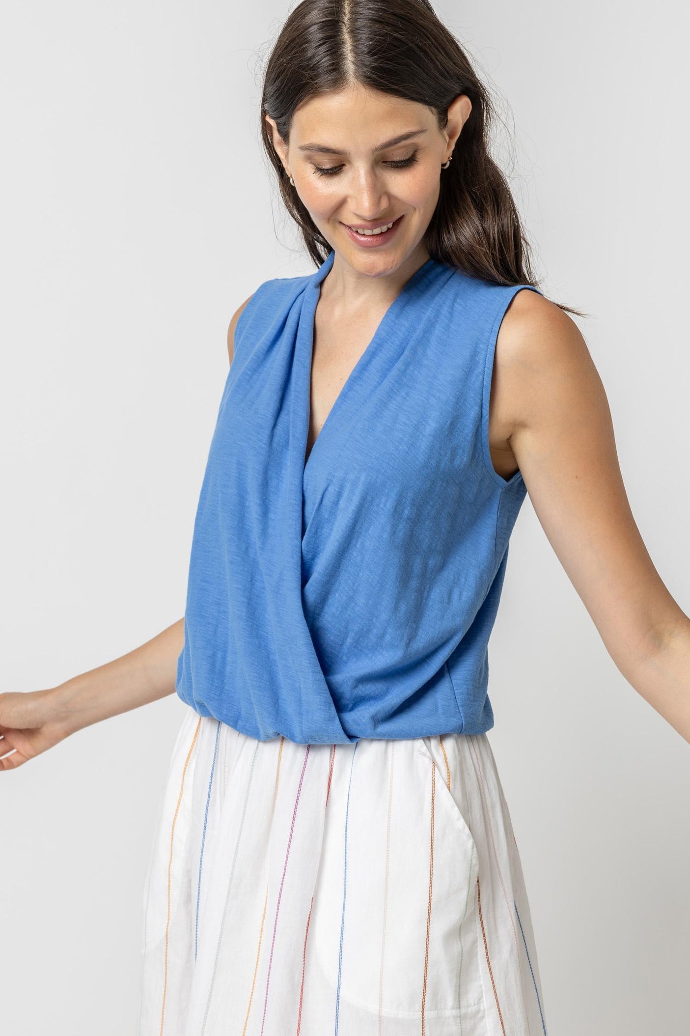 Sleeveless Faux Wrap in Baltic
