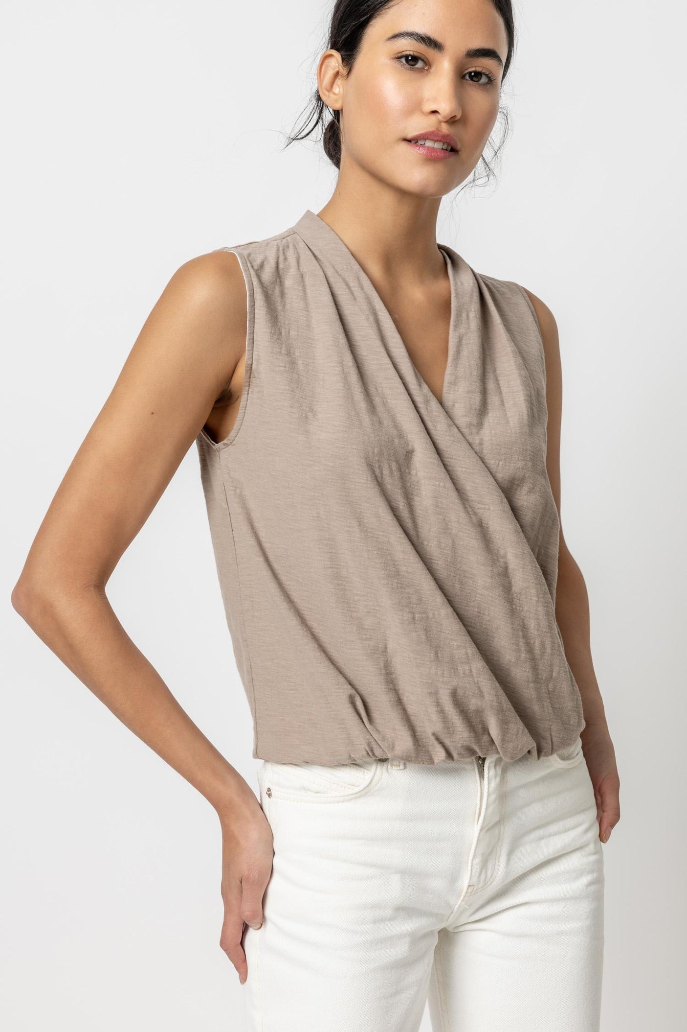 Sleeveless Faux Wrap in Driftwood