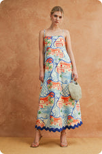 Load image into Gallery viewer, Contrast Trim Sleeveless Midi Dress in Blue Multi/Cobalt Blue