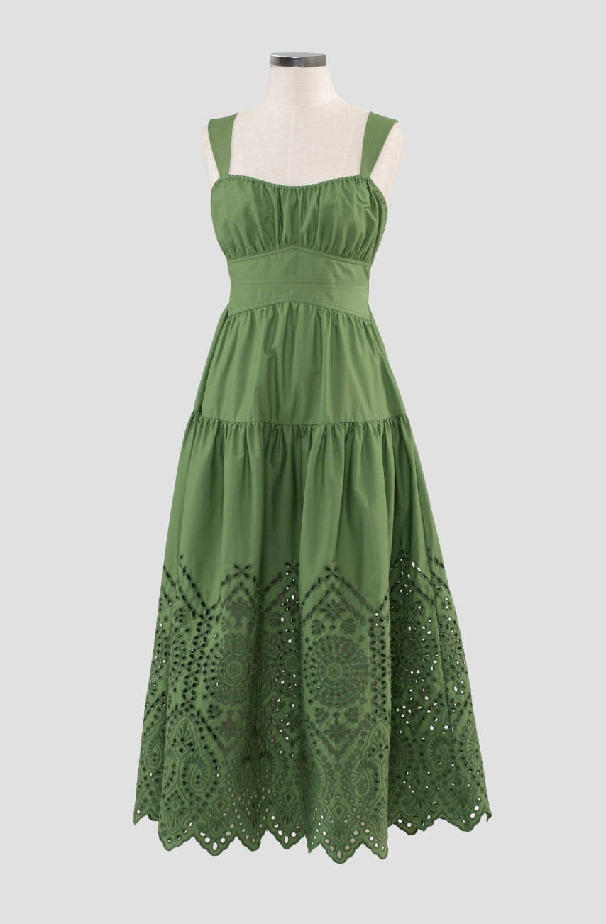 Tiered Eyelet Midi Dress in Green