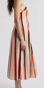 Load image into Gallery viewer, Amaranth Strapless Midi Dress in Orange Multi Stripe