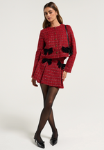 Load image into Gallery viewer, Plaid Crewneck Crop Jacket with Front Detail Ribbon in Red