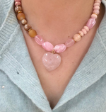 Load image into Gallery viewer, Beaded Rose Quartz Heart Necklace in Pink