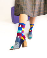 Load image into Gallery viewer, 90s Colorblock Chess Sheer Crew Sock
