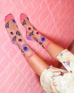 Load image into Gallery viewer, Sunflower Butterfly Sheer Crew Sock
