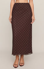 Load image into Gallery viewer, Eda Polka Dot Mesh Midi Skirt in Dark Chocolate