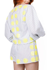 Load image into Gallery viewer, Tennis Ball Tie-Front Top in White & Blue Stripes