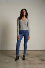 Load image into Gallery viewer, Fiona Stripe Recycled Cotton Long Sleeve V-Neck in Ivory/Black Stripe