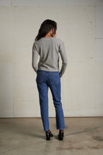 Load image into Gallery viewer, Fiona Stripe Recycled Cotton Long Sleeve V-Neck in Ivory/Black Stripe