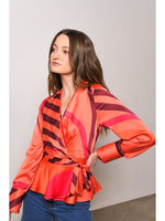 Load image into Gallery viewer, Veta Wrap Blouse in Coral Retro Geometrical
