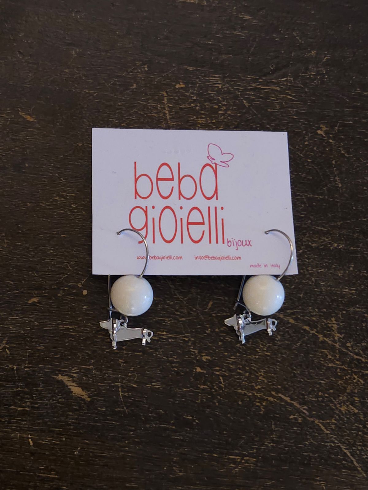 Ball Drop Earring in Cream with Silver Dachshund