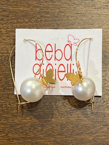 Large Ball Earrings in White Pearl with Gold Butterfly