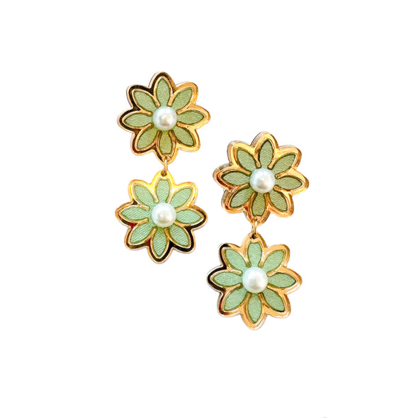 Small Double Daisy Earrings in Green