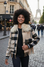 Load image into Gallery viewer, Bomber Jacket in Camel Check Fringe