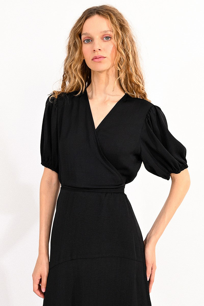 Short Sleeve Wrap Dress in Black