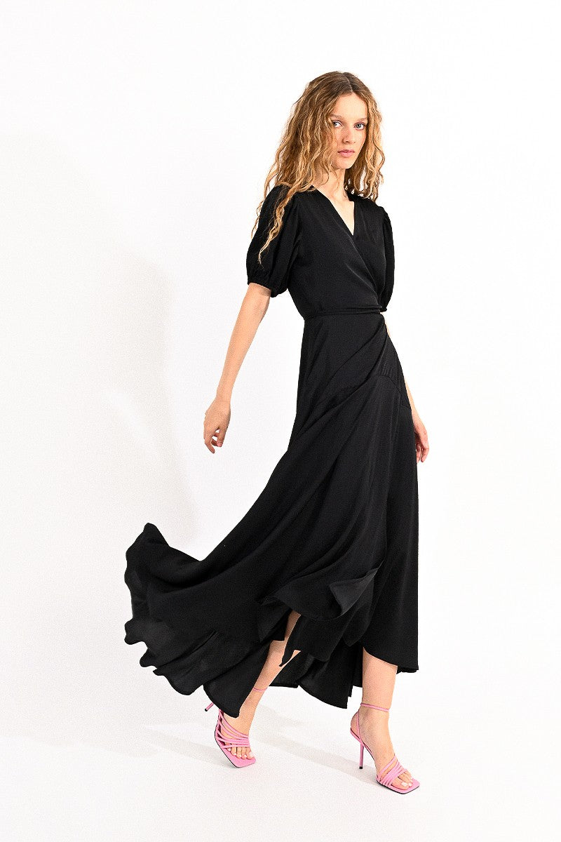 Short Sleeve Wrap Dress in Black