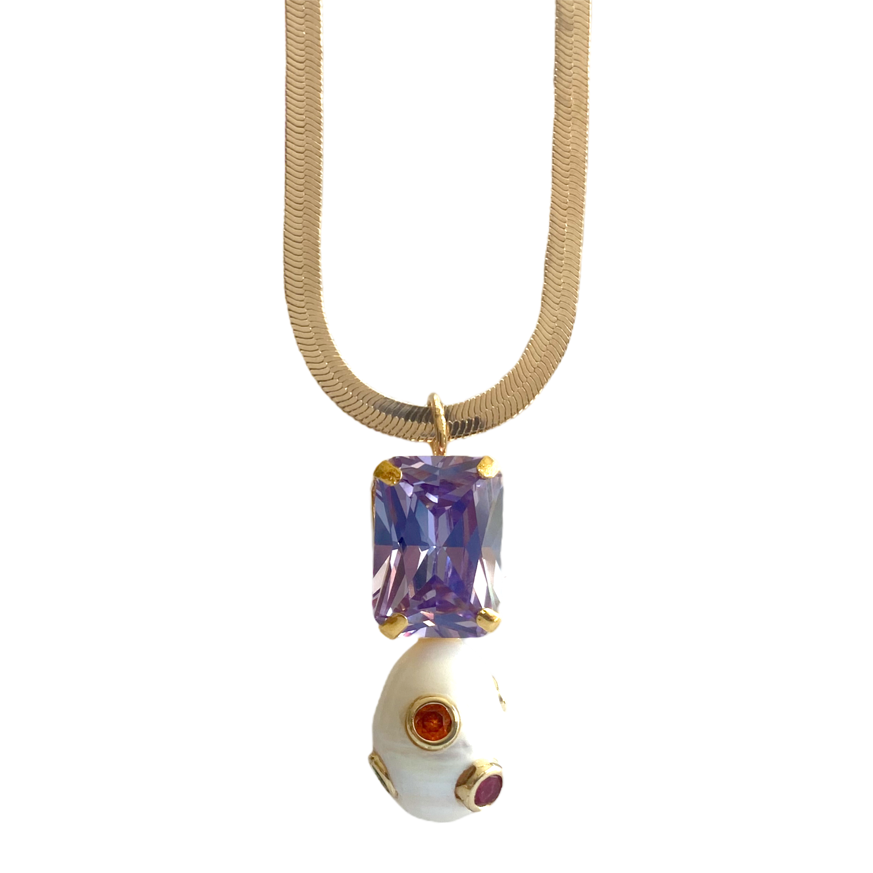 Octagon Pearl Herringbone Chain Necklace in Purple
